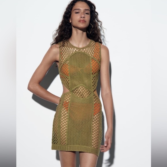Zara Dresses Zara Crochet Knit Cut Out Handcrafted Dress Army Green Cover Up Tunic Poshmark
